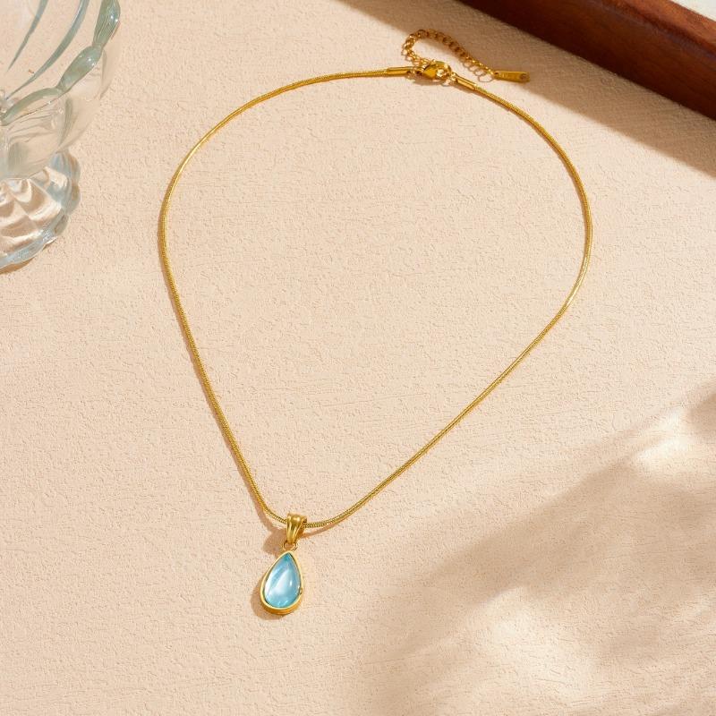 Gold Plated Snake Chain Necklace with Teardrop Shaped Blue Stone Pendant Fashion Jewelry for Women золотой