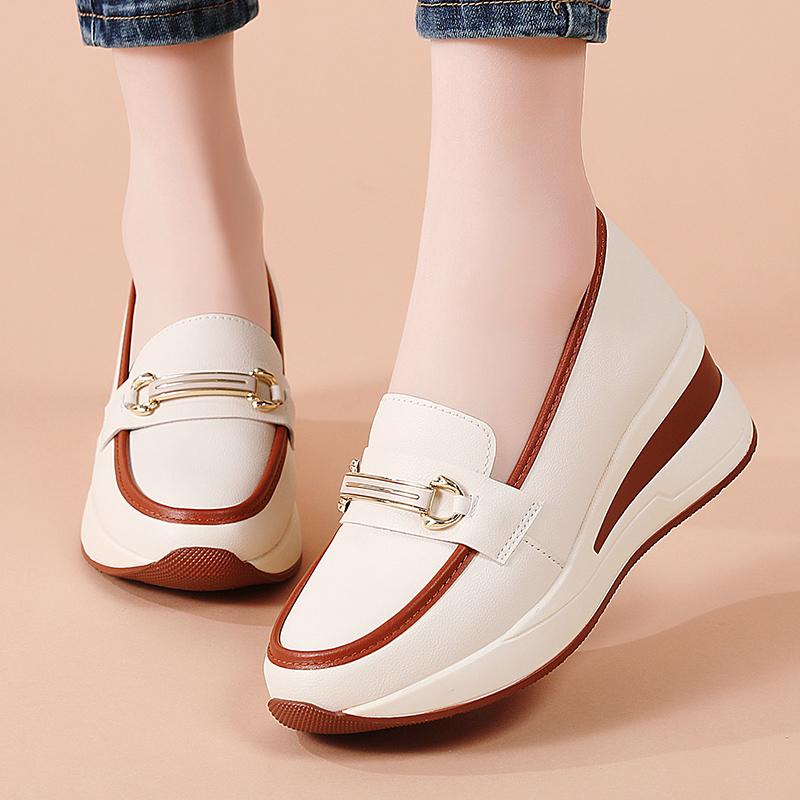 Women Slip on Platform Loafers Casual Leather Business Office Shoes Thick Sole Height Increase Shake Shoes Large Size