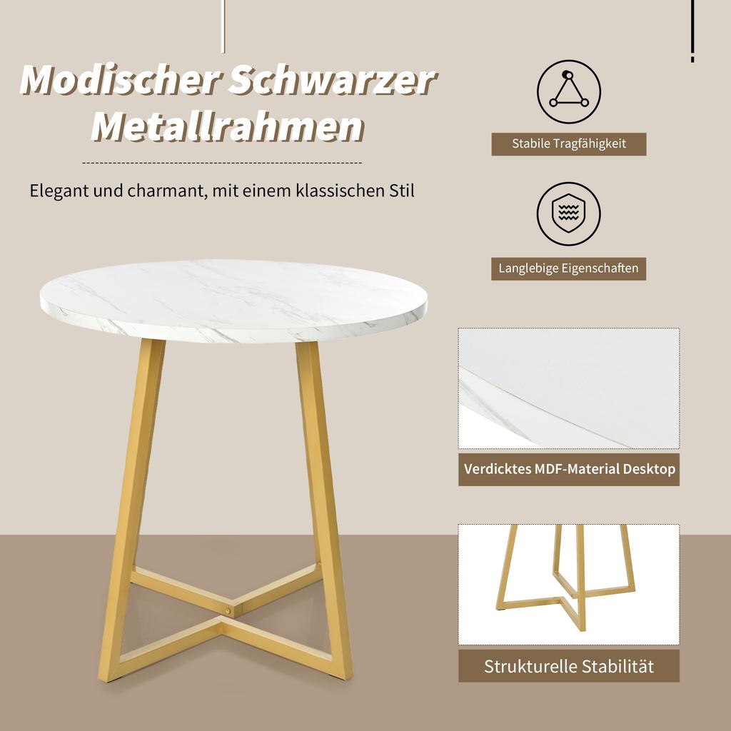 Round Dining Table (1 Piece), Unique Metal Frame, Dining Table with Modern Marble Pattern, Suitable for Dining Room, Living Room, White/Gold