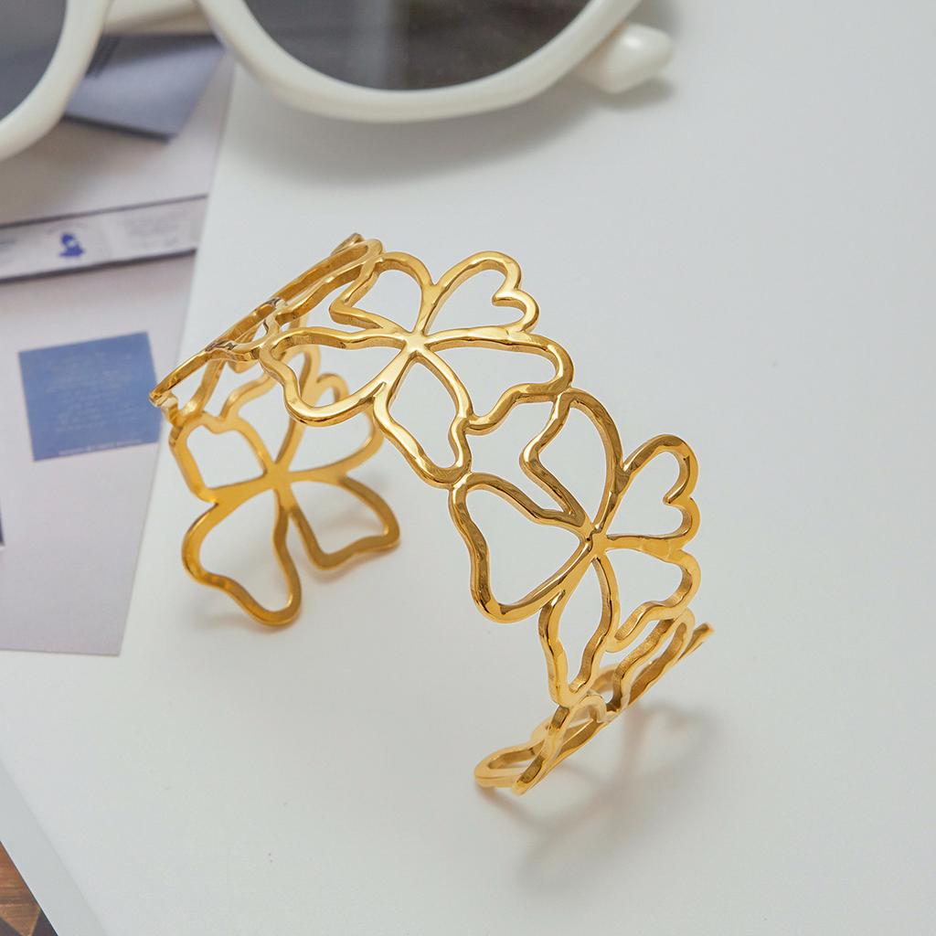 Youthway Metal Flower Skeleton Cuff Open Bracelet 18K Gold Color Waterproof Minimalist Stainless Steel Wrist Jewelry