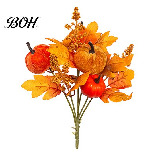 Seasonal Fabric Flower Bouquet Artificial Fall with Pumpkins Maple Leaves Wheat Berries, Faux Autumn Home Decor for Thanksgiving Centerpieces, Floral