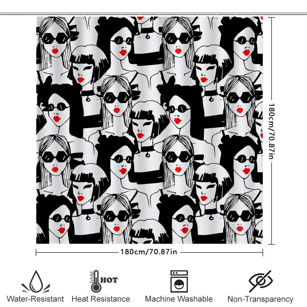 Stylish Black White Women Fashion Pattern Shower Curtain For Bathroom Decor Unisex Waterproof Fabric Bath Mats With Hooks Set Be
