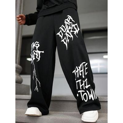 Men's Logo Print Casual Sports Long Pants with Drawstring, Long Holiday Sportswear Casual Trousers
