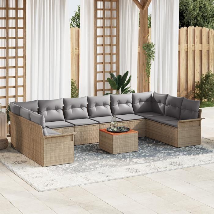 Ensemble de Canapés de Jardin vidaXL 11 pièces avec coussins Beige Rattan Synthétique Acacia, Canapé de Jardin vidaXL 2 3356047