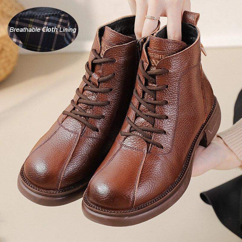 Genuine Leather Women Ankle Boots Natural Skin Warm Winter Short Boots Fashion Woman Shoes Booties Med Heel Footwear