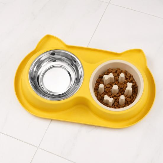 Yousheng Double Bowls Pet Feeder, Slow Feeder Bowl And Stainless Steel Bowl, Spill-Proof Anti-Slip Water And Food Bowl Set for Indoor Cats Dogs