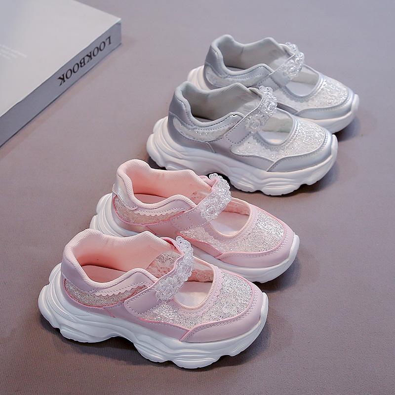Girls Sports Shoes Shiny Sequin Kids Running Shoes with Sweet Beading Non-slip 2025 Summer New Children Princess Shoes Soft Sole