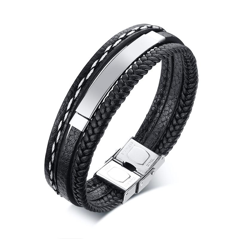 Vnox Bracelets Multi-couches en Cuir Personnalisés avec Logo Nom Citation pour Hommes Bracelet Identité en Acier Inoxydable Personnaliser Cadeau Papa Père