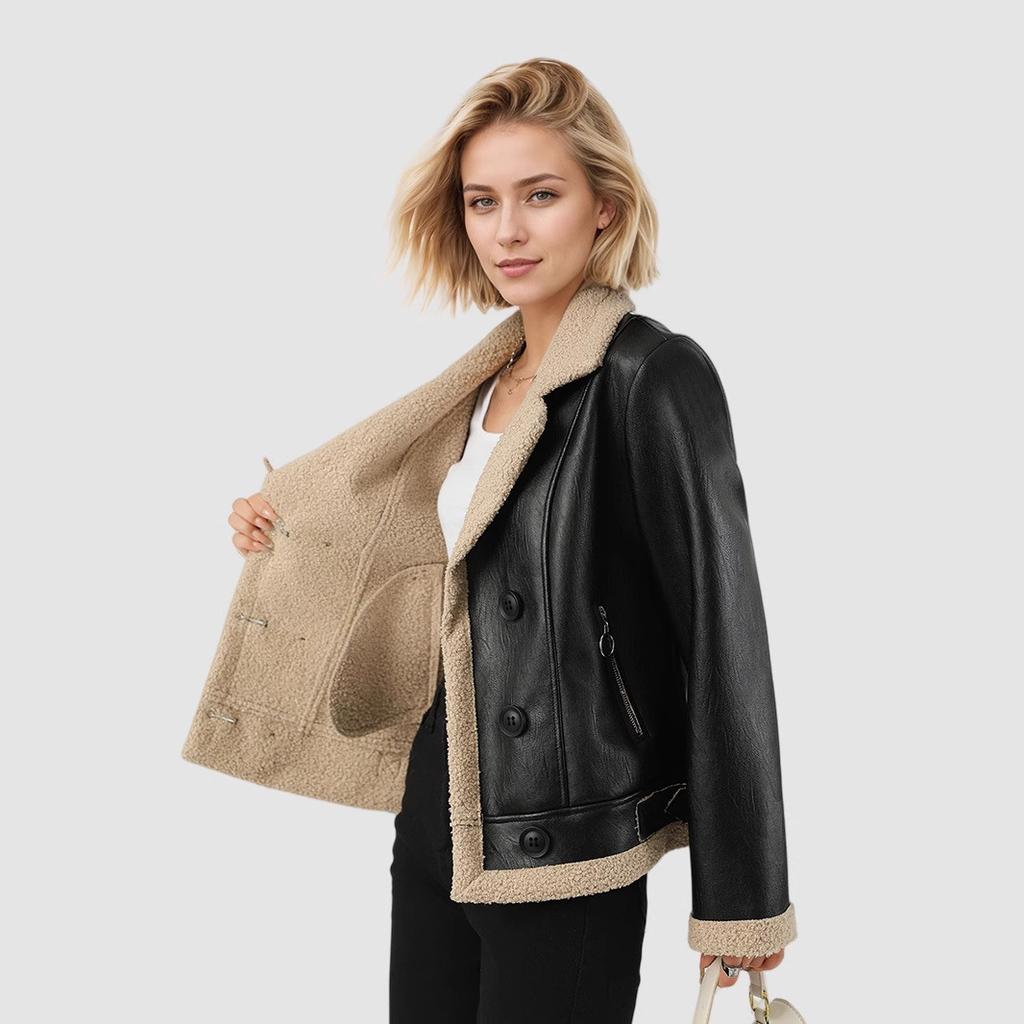 Women's Fleece Leather Jacket Thick Warm Flocked Leather Coat Turn-Down Collar PU Leather Jacket