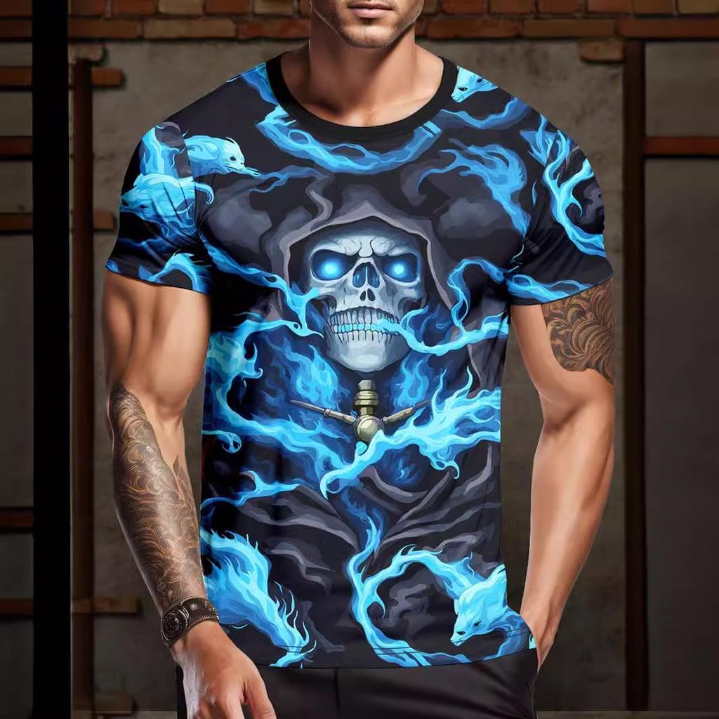 Summer Round Neck 3D Skull Print Top Fashionable Casual Short Sleeved Men's T-shirts
