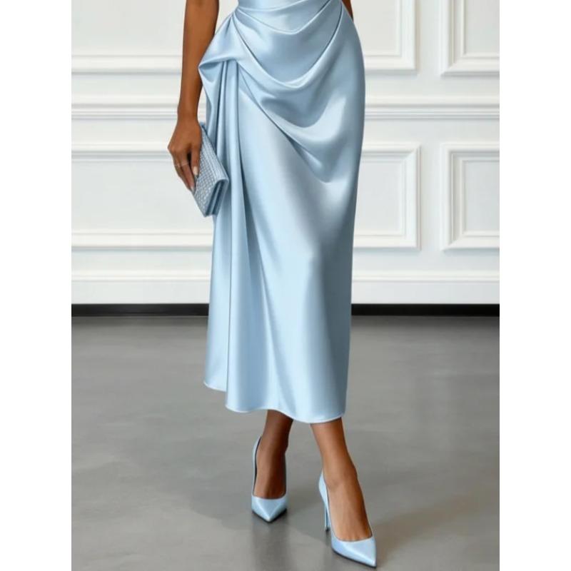 Satin Midi Dress with Ruched Waist Elegant Sleeveless Party Gown