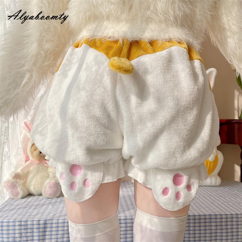 

Japanese Lolita Style Autumn Winter Women Cute Shorts High Waist White Lantern Shorts Contrast Color Warm Bloomers With Tail Cosplay Costume One Size