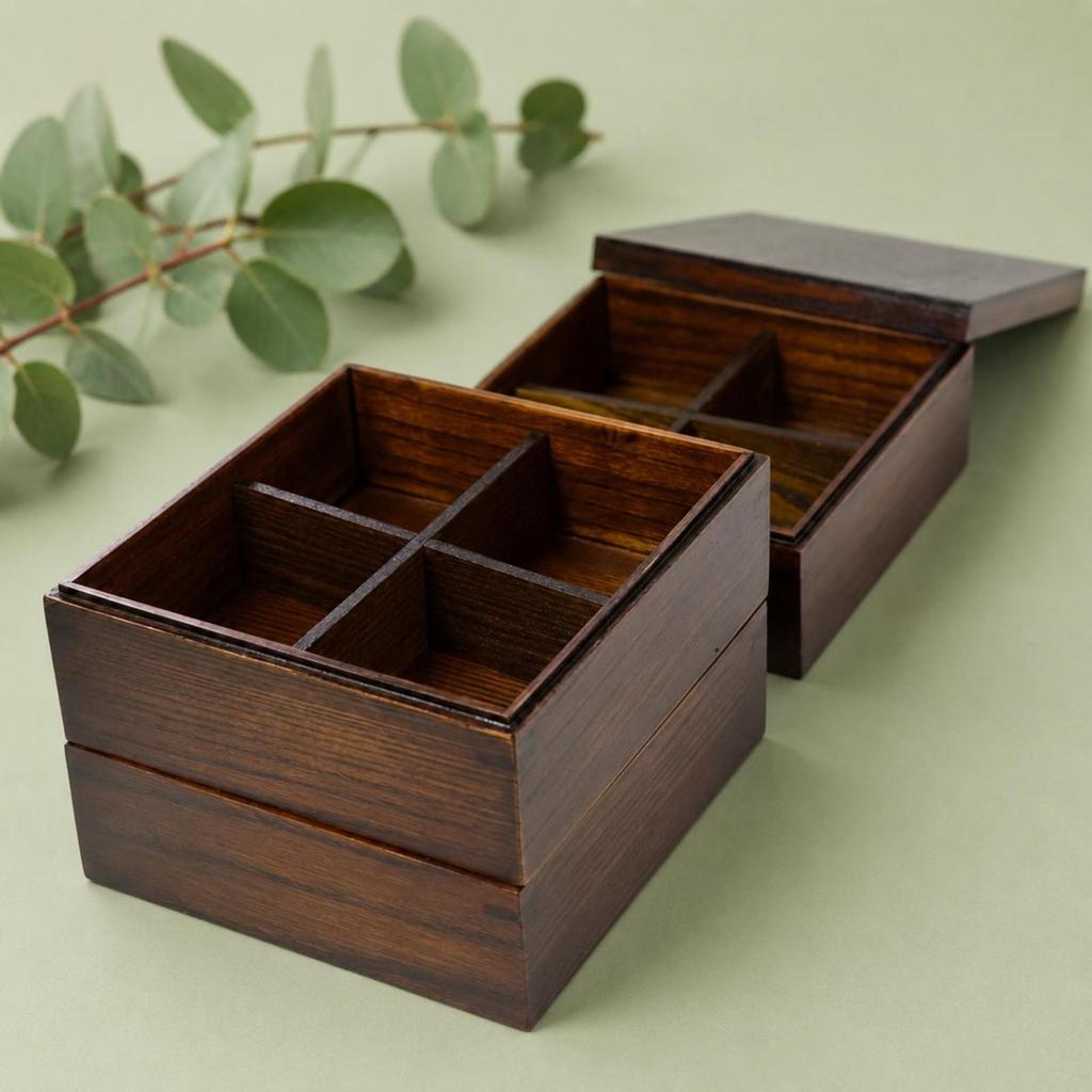 Wood Bento Dark Brown Box Square Japanese Style Compartment Food Container for Sushi
