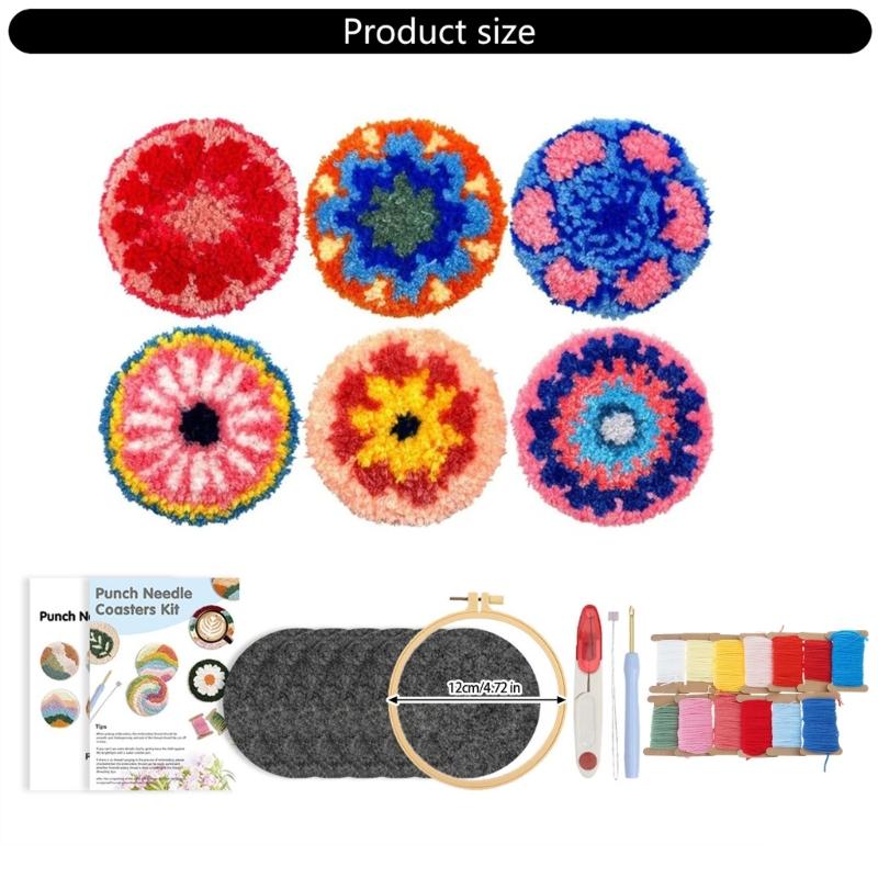 Embroidery Starter Set 6 Reusable Punches Needle Coasters Pattern With Soft Fabric and Complete Tool