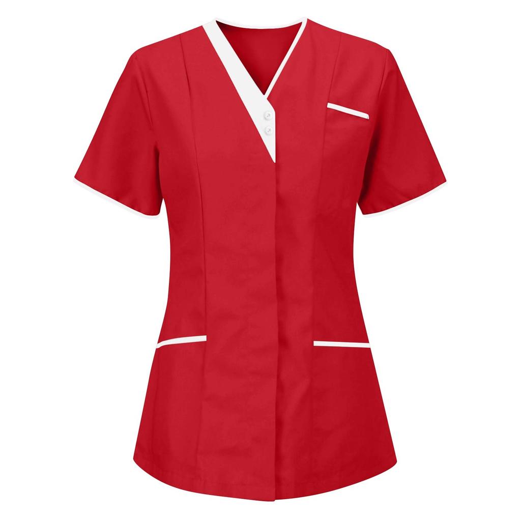Tunic top da donna con scollo a V, maniche corte, bottoni sul davanti, tasche, finiture a contrasto, camicia uniforme da lavoro professionale