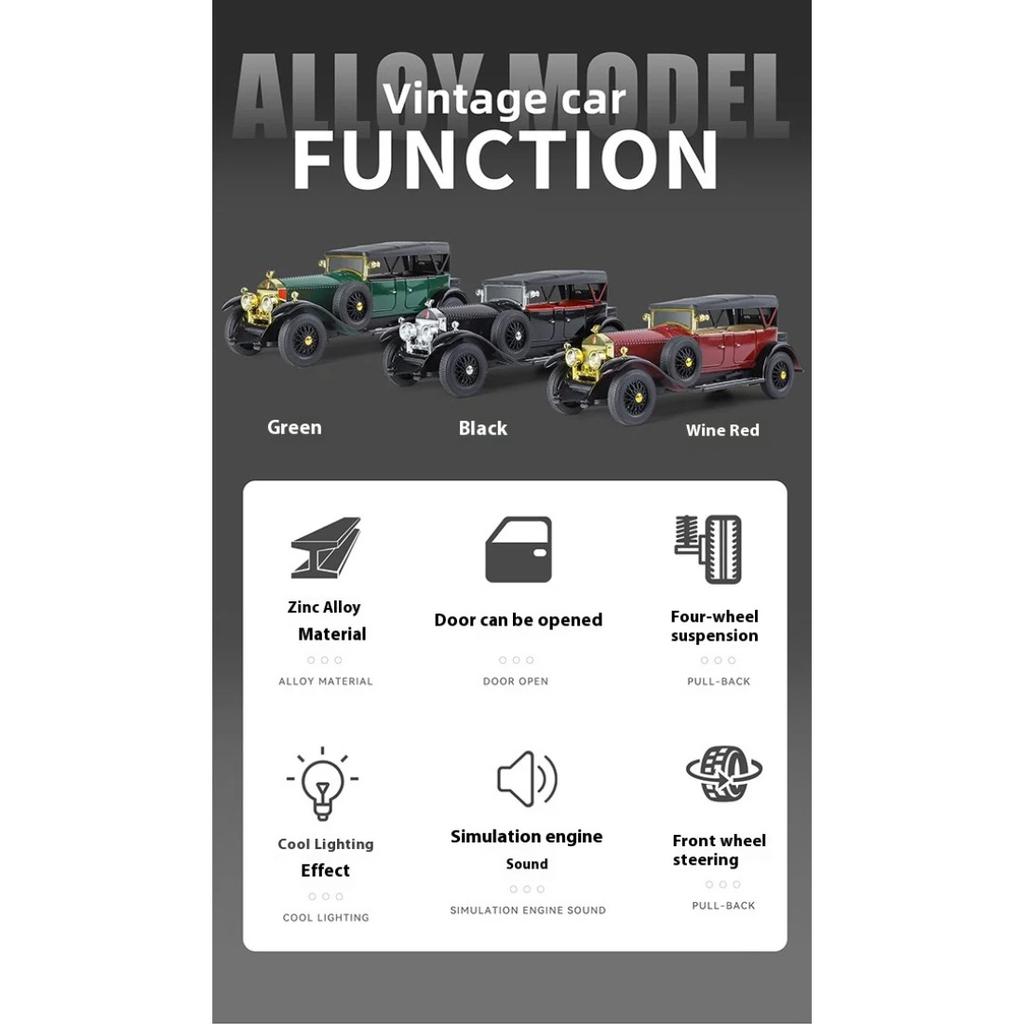 1/24 Rolls-Royce Retro Phantom Oldtimer Modell, Simulierter Sound und Licht, Vierrad-Stoßdämpfung, Vorderradlenkung