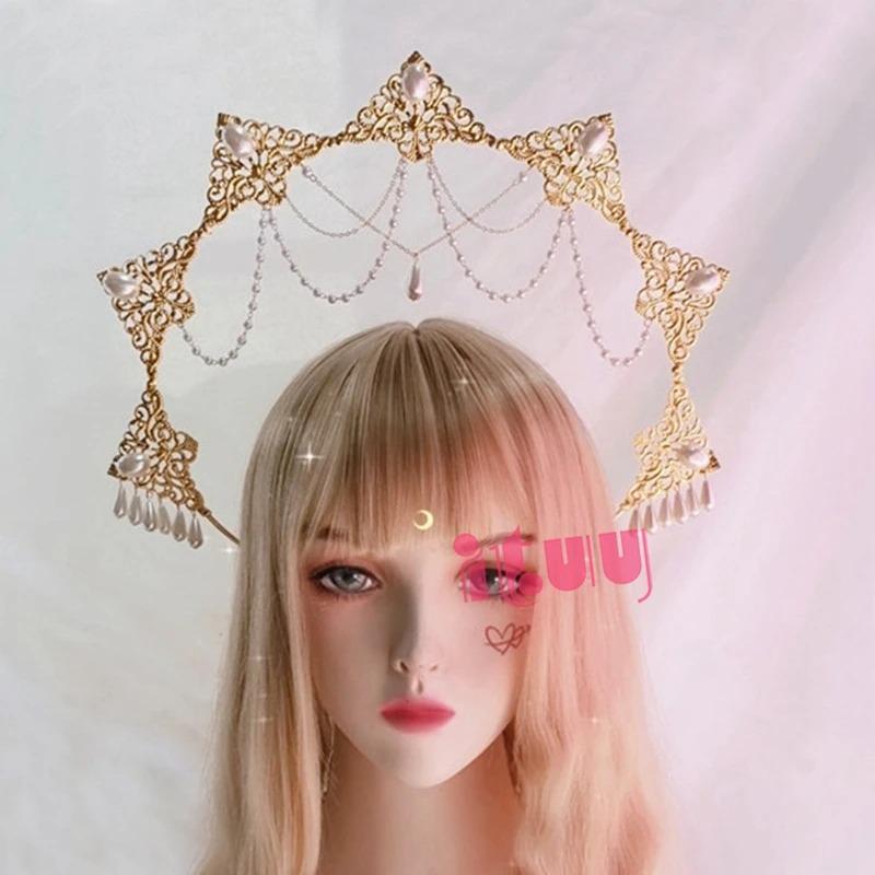 Crown Halo Headband Goddess Spiked Pearl Sun Pendant Halo Headpiece Cosplay Bridal Party Baroque Tiara Headwear Accessories