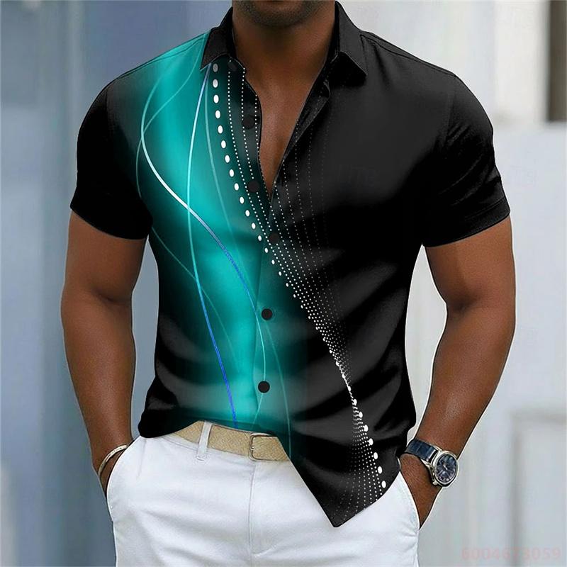 Nuova Camicia da Uomo a Maniche Corte Stampa a Righe Curve Bianche e Blu Vestibilità Business Casual Collo a Revers Camicia da Uomo