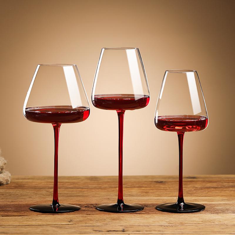 Burgundy Red Wine Glass with Black Base - Crystal Champagne, Concave Bottom, Tall Stem for Home Use