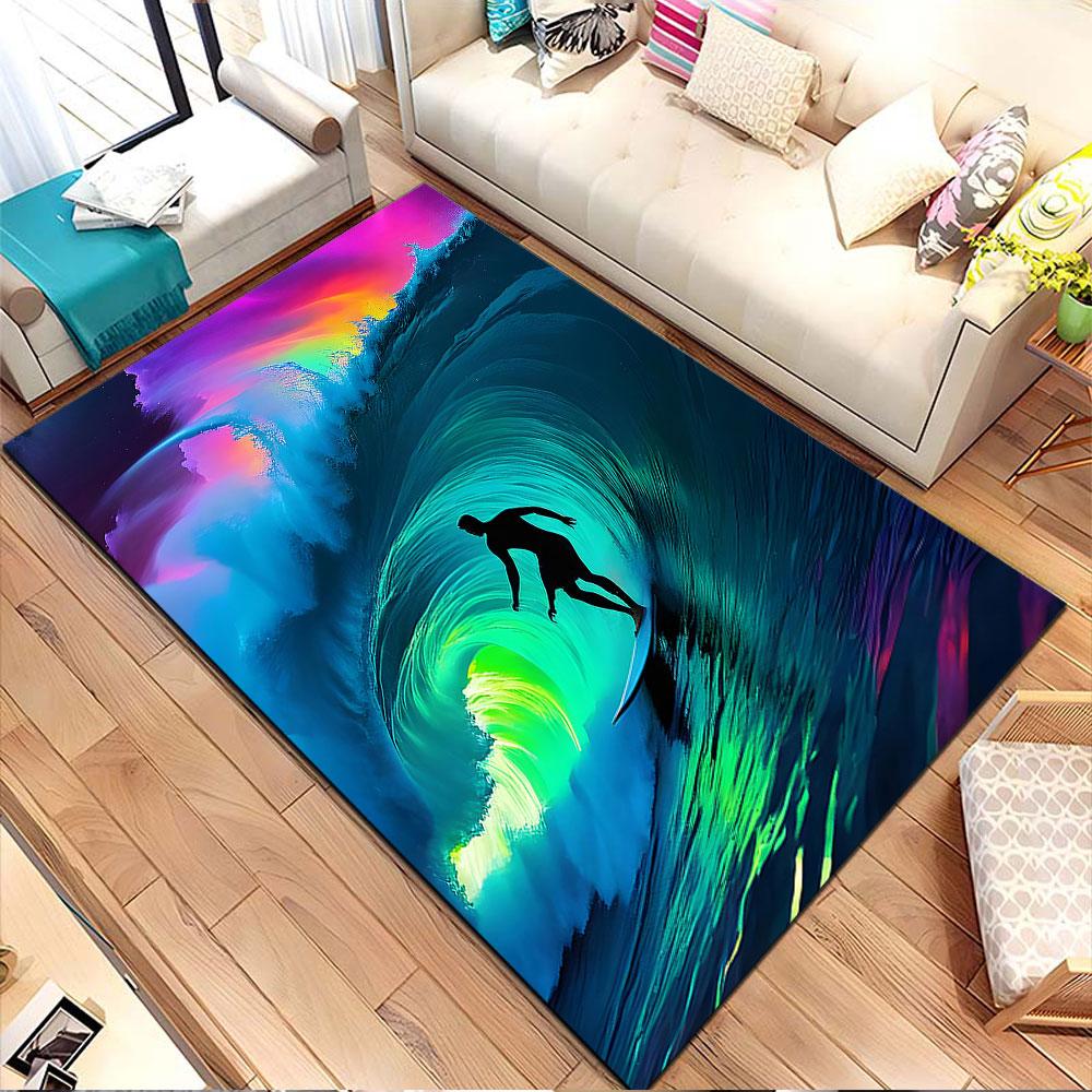 "Surfer Riding Neon Waves Art Design" Patterned carpet, non slip mat suitable for living room and bedroom sofas