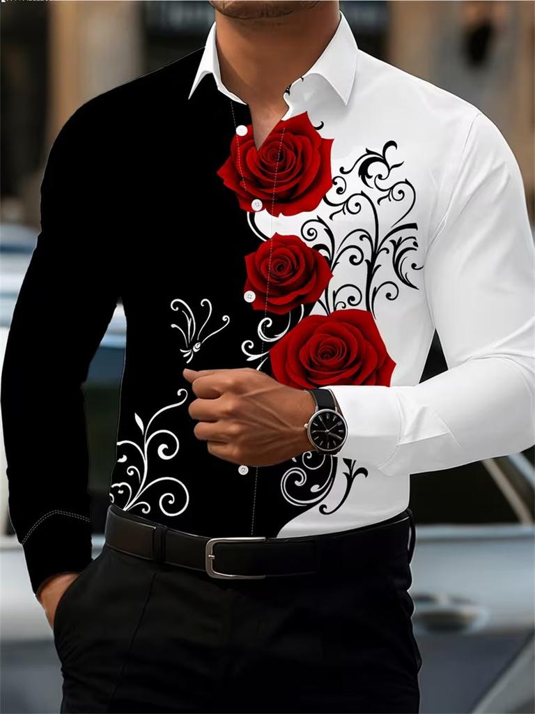 2026 Men's Fashion Red Rose Print Long-Sleeve Shirt, Stylish Casual Design, Spring/Autumn Casual Shirt