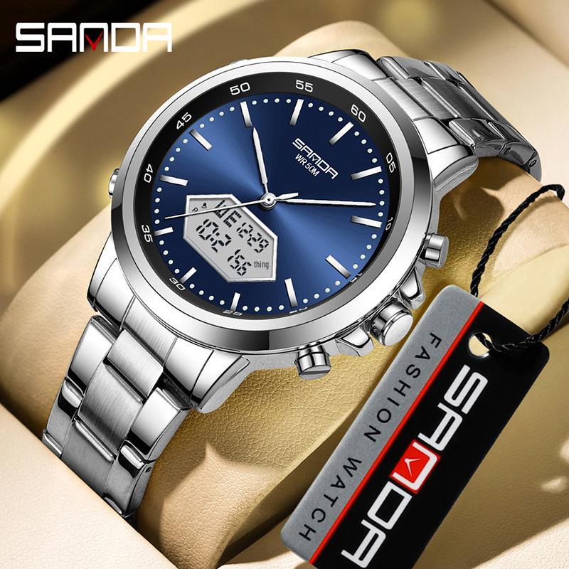 Sanda Men's Multifunction Luminous Waterproof Chronograph Steel Band Dual Display Watch