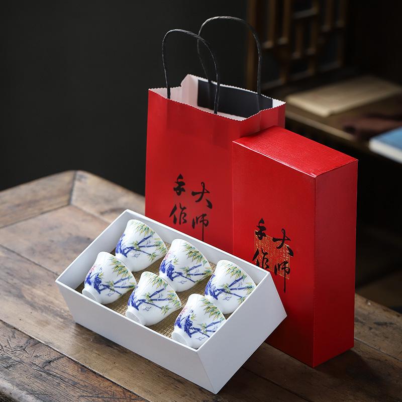 Sky Blue Gold-Accented Small Teacup Set for Home, Personalized Kung Fu Tea Tasting, Six-Cup Gift Box for Gifting.
