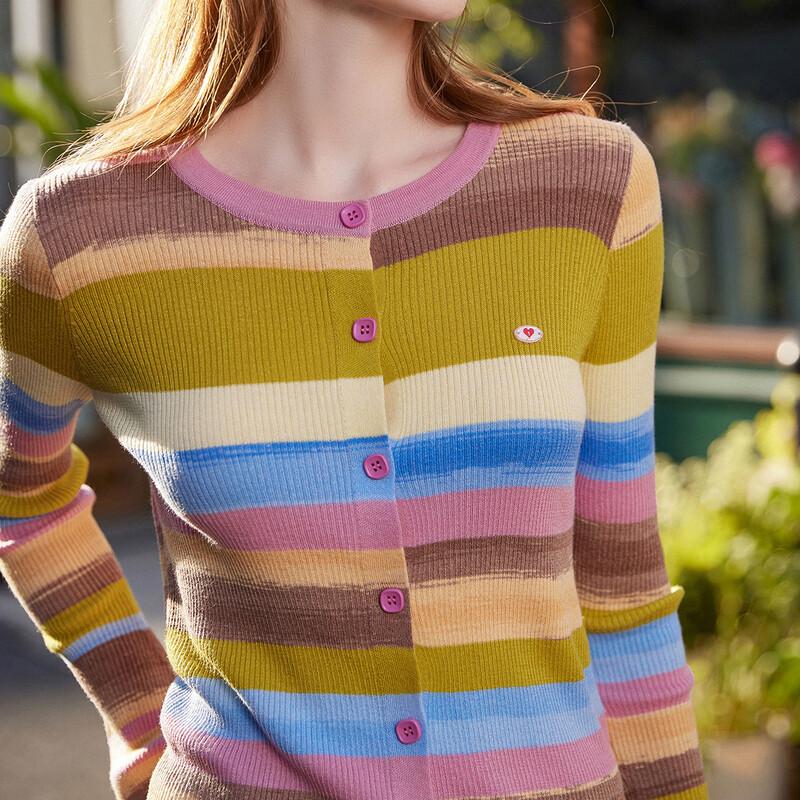 Damen-Strickjacke im koreanischen Stil, gestreift, Wollmischung
