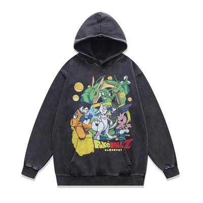 American Retro Washed Hoodie Cartoon White Ink Direct Injection Printing Oversize Pullover Sweater Men