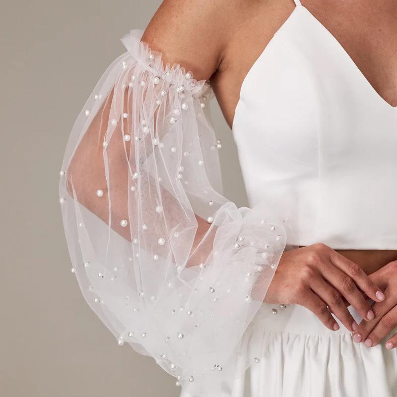 Braut Transparente Netz Perlen Armstulpen Hochzeitskleid Lang Dekoration Tüll Ärmel Kostüm Accessoire