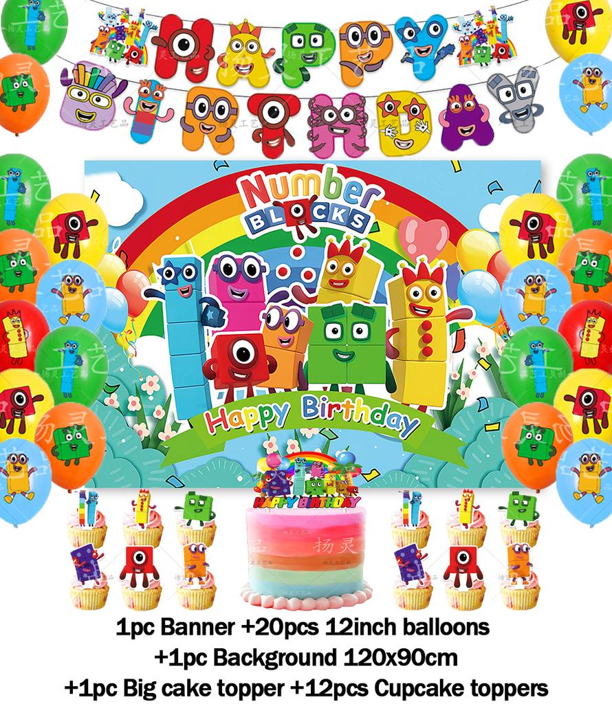 Cartoon Blocked Number Theme Birthday Party Decoration Building Background Plate Cup Balloon Backdrop Photography Prop Kid Gifts