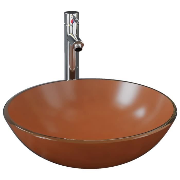VidaXL Lavabo de bain avec robinet et drain à poussoir Verre trempé, 8.23kg, 42 x 14 cm (Diam. X H), Brun