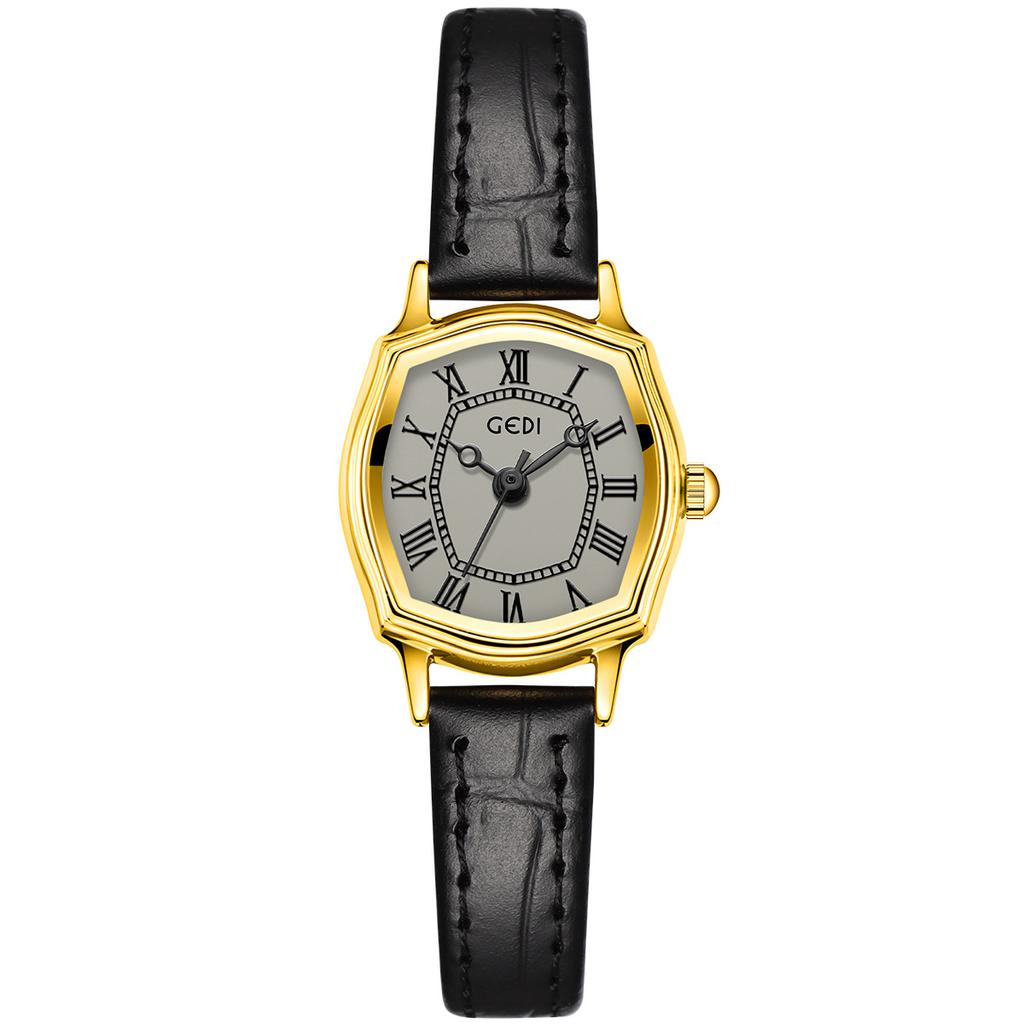 Vintage Roman Exquisite Small Wine Barrel Shape Student Watch Niche High Value Bamboo Pattern Leather Quartz Watch