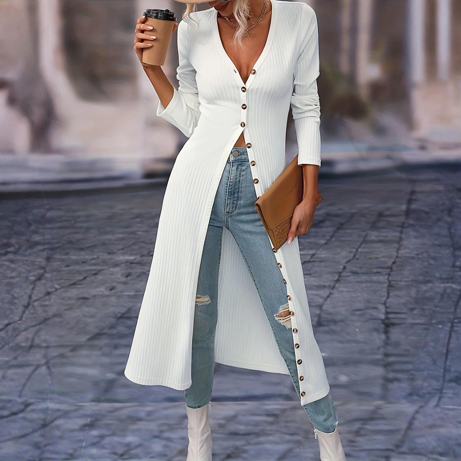 

Женский модный повседневный однотонный кардиган с длинным рукавом и длинный топ-футболка с V-образным вырезом L белый