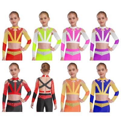 Meisjes Lange Mouwen Strass Kleurblok Crop Top Kruisrug Uitsnijding Gymnastiek Top