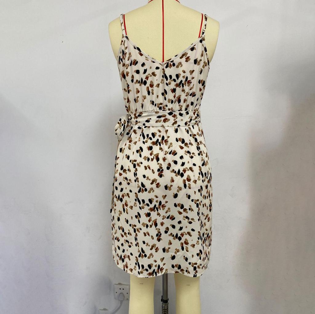 Spring Summer Women Tie Up Slim Fit Camisole Dress High Waist A-Line Suspender Floral Print Irregular Middle Dress