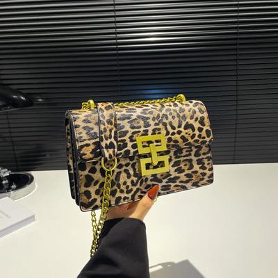 Clutch mit Leopardenmuster für Damen aus PU-Leder, Schulter-/Seitentaschen, Handytaschen mit Kette, feminine Tasche