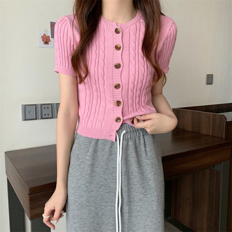 

Модный розовый вязаный кардиган женский весна и лето тонкий короткий срез топы с короткими рукавами летние повседневные основные облегающие пуловеры футболки One Size розовый