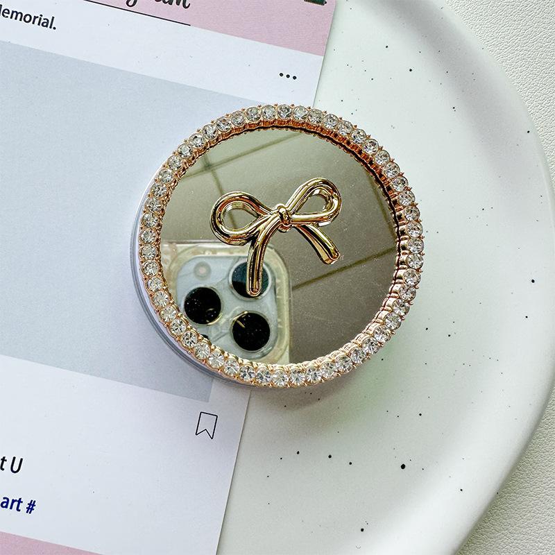 Rhinestone Bow Love Round Flower Mirror Mobile Phone Airbag Holder Magnetic Retractable Desktop Support Holder