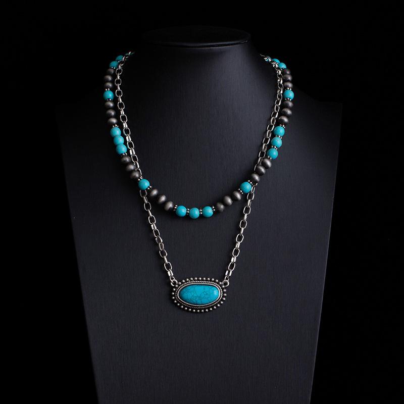 Bohemian Retro Ethnic Style Turquoise Necklace Female Western Denim Style Multi-Layered Wearing High-End Sweater Chain