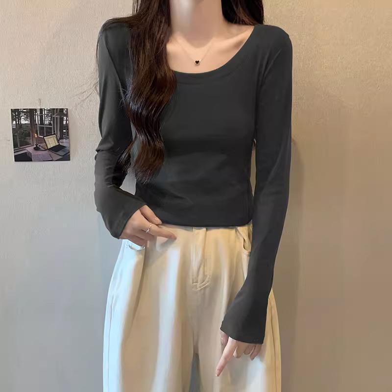 Tricou retro cu decolteu jos, pe umărul drept, cu mâneci lungi pentru femei la începutul toamnei, design nou, cu talie înaltă, slim, scurt, top cu strat interior