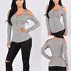 Women's Autumn Fashion Sexy Zipper Long Sleeve Stretchy Striped Off Shoulder Slim TopS
