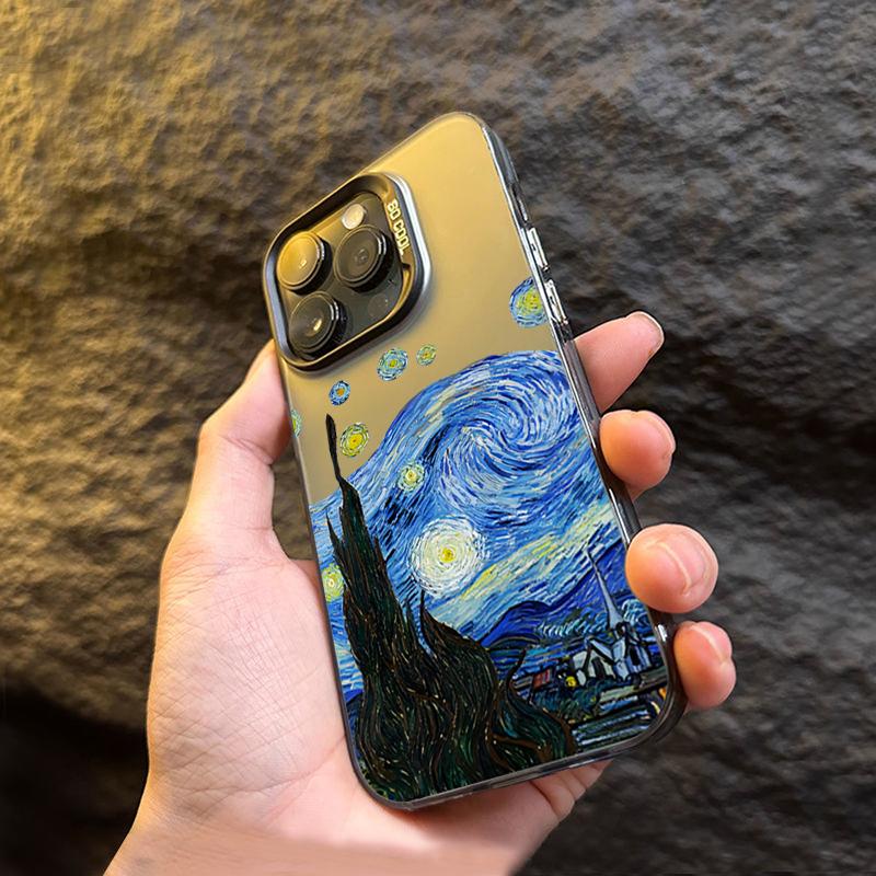 Van Gogh Oil Painting Electroplate Silver IMD Phone Case For iPhone 11 12 13 14 15 16 Pro Max 7 Plus X XR Shockproof Back Cover