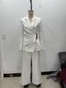 European American Style Fashion Suit: Buckle Decor Jacket & Straight-Leg Pants Two-Piece Slim Fit Set for Women