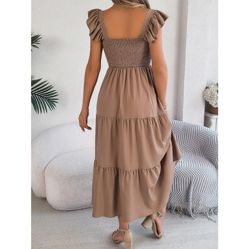 Summer Solid Colour Square Neck Wooden Ear Side Waist A-Line Long Women's Loose Casual Dresses