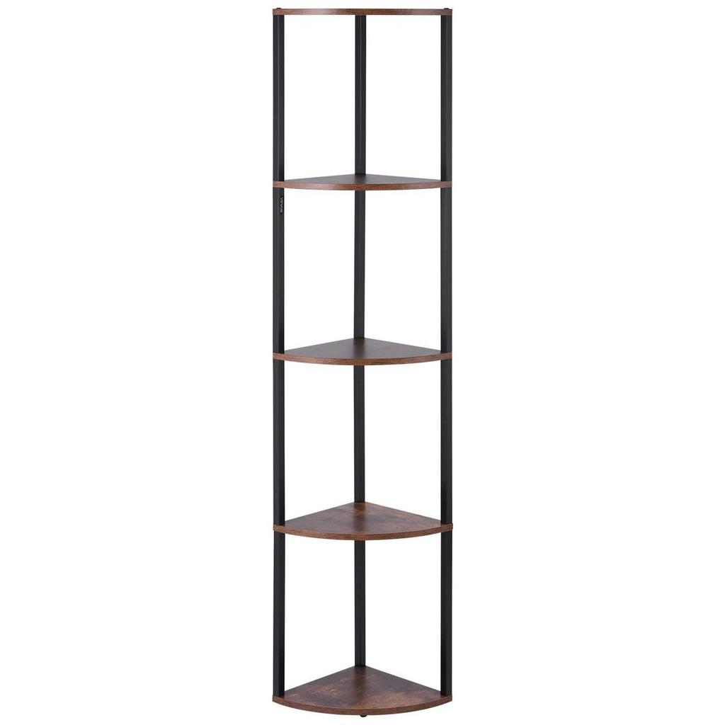 Scaffale Angolare a 5 Piani, Supporto Angolare Alto con Luce LED, Organizzatore Torre Scaffali a Muro con Telaio in Metallo e Ripiani in Legno, Stretto Espositore per Libri