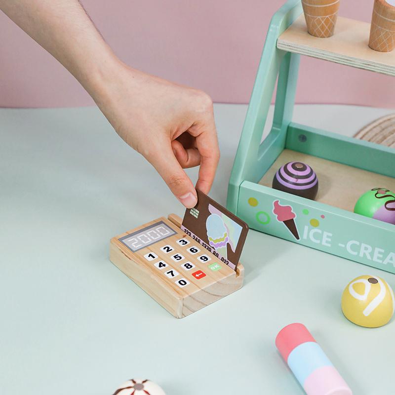 Wooden Pretend Toys Simulation Ice Cream Counter Playset Pretend Play Toys Kitchen Accessories Montessori Learning Toy for Kids