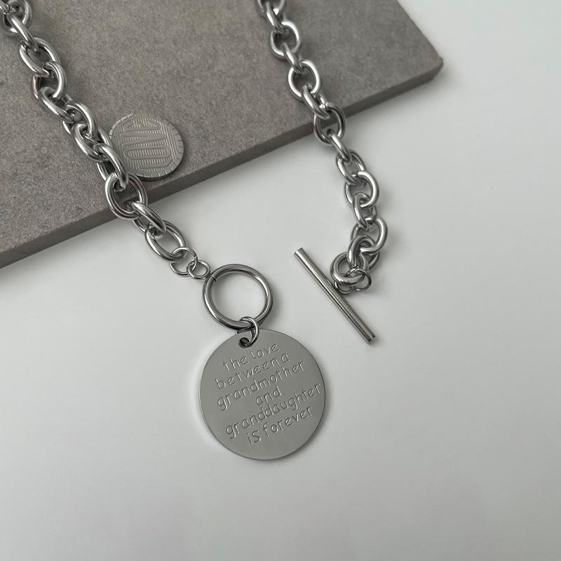 Letter Titanium Steel Necklace Tide Round Brand Pendant Collar Hip Hop Men's Collarbone Chain Pendant Necklace Pendant Accessories