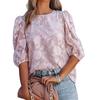 2026 Summer Women's Chiffon T-Shirt Floral Bubble Sleeve Fashionable Round Neck Loose Top