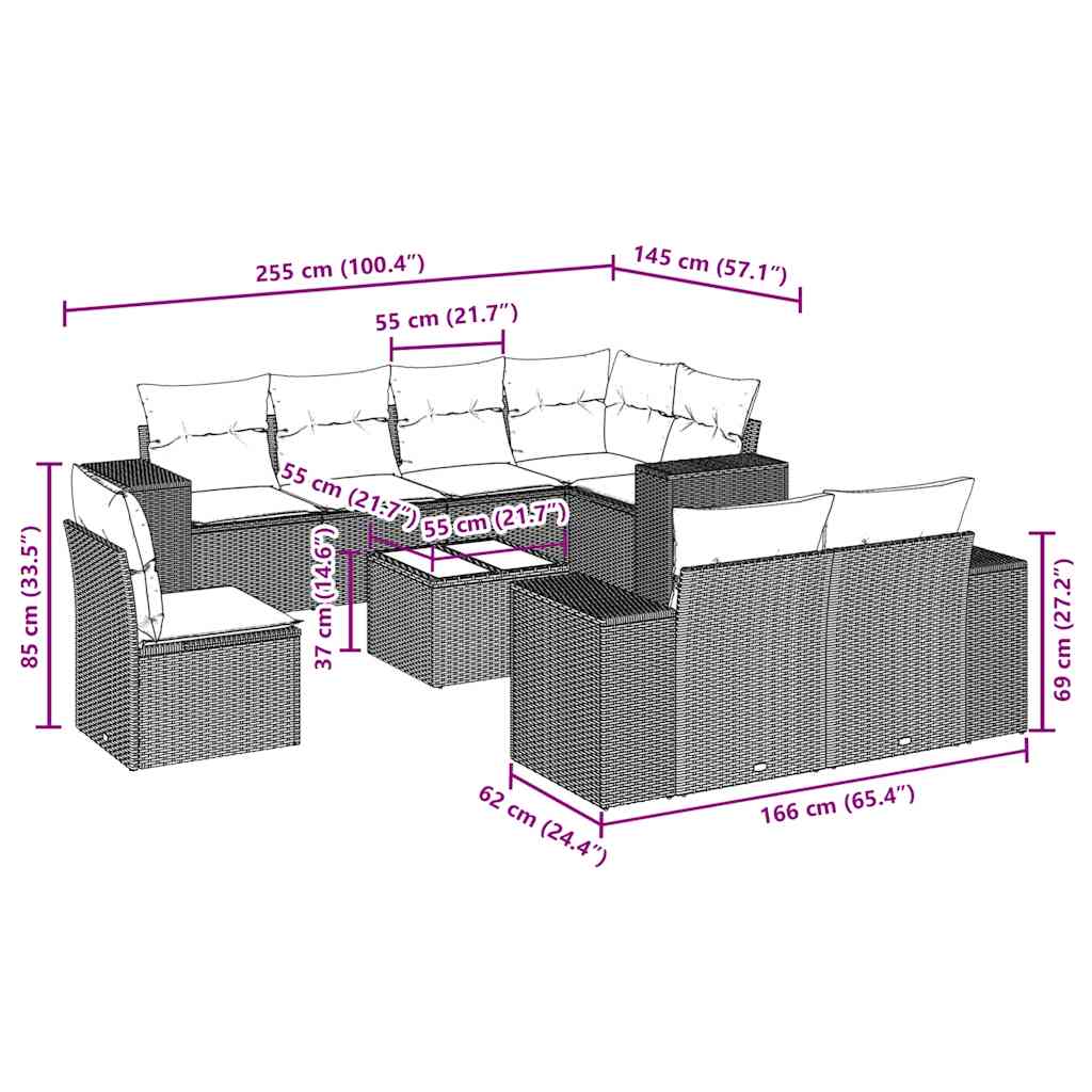 9-teiliges Gartensofa-Set mit Kissen Schwarzes Poly-Rattan